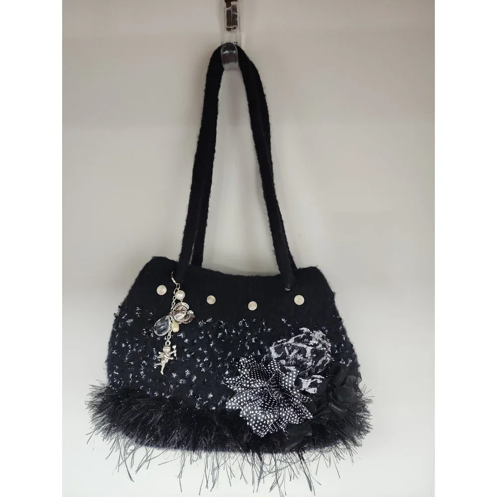 Artisan Handmade Black Felted Wool Purse Cupid  Bag Charm Dragonfly Lining Y2K